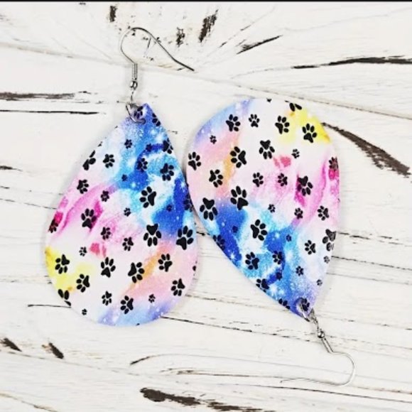 Tie Dye, Cute Dog Paw Print Teardrop Earrings PU Leather .925 Silver Hooks - Picture 3 of 4